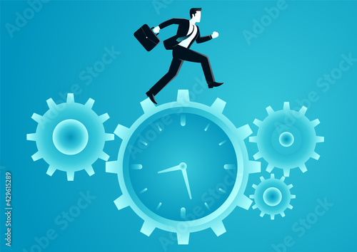 vector illustration of businessman run along o clock cogwheel. describe time management, compete, move and faster. business concept illustration 