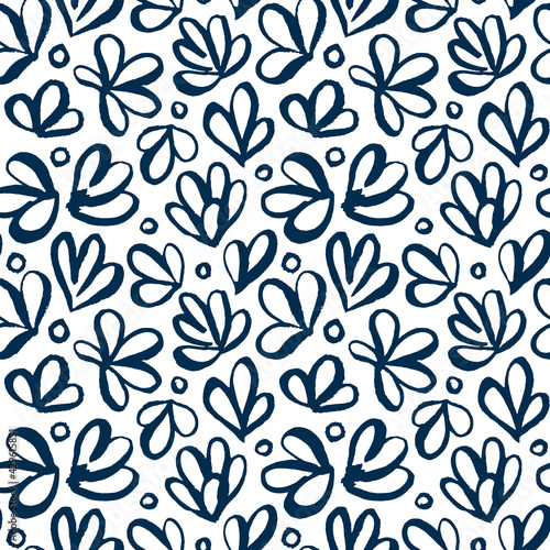 Abstract blue Japanese Seamless Vector Patterns. Modern Artistic plants, flower, circles hand drawn with brush on white background. Contemporary Blue ink on paper. Kids drawing crayons in doodle style