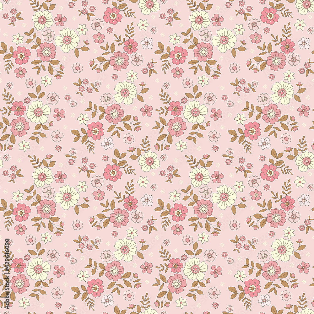 Fototapeta premium Floral pattern. Pretty flowers on pink background. Printing with small white and bright pink flowers. Ditsy print. Seamless vector texture. Spring bouquet. Stock vector.