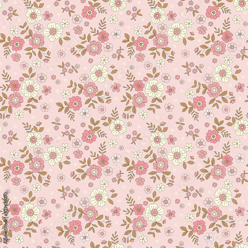 Floral pattern. Pretty flowers on pink background. Printing with small white and bright pink flowers. Ditsy print. Seamless vector texture. Spring bouquet. Stock vector.