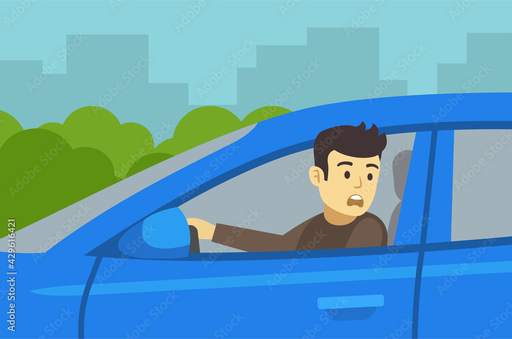 Young scared male driver is looking back from the open window. Character looks out the front window. Close-up view. Flat vector illustration template.