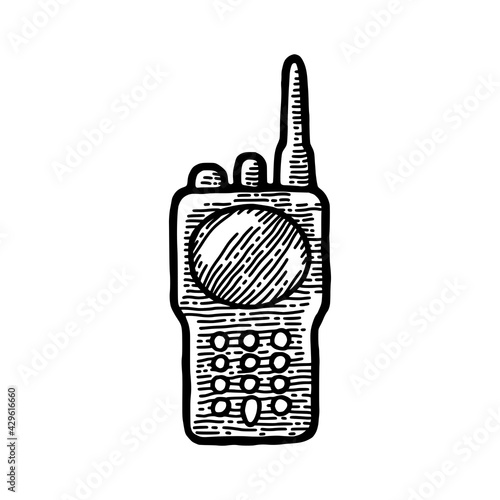 Hand drawn label with engraving portable radio receiver vector illustration. Black icon old walkie talkie sign. Portable transmitter icon, transceiver sign. Vintage style drawing, Isolated Eps 10