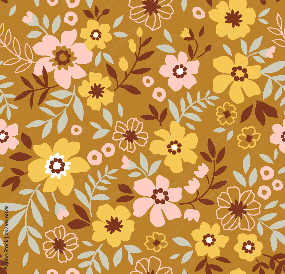 Vintage floral background. Floral pattern with small yellow and pink  flowers on a old gold background. Seamless pattern for design and fashion prints. Ditsy style. Stock vector illustration.