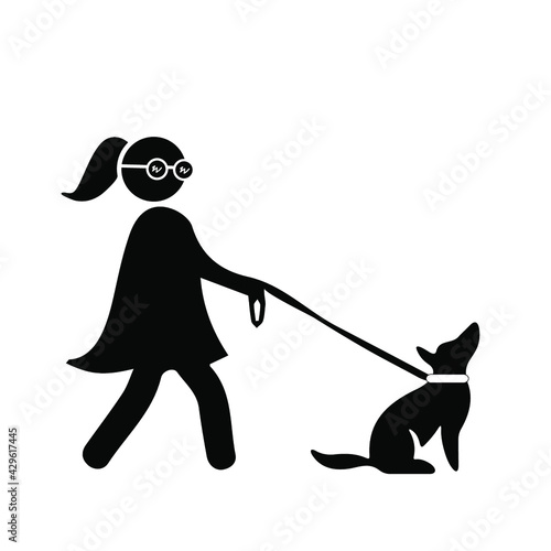Silhouette of woman walking a golden retriever dog on leash. Girl with a pet. Female character and a dog.