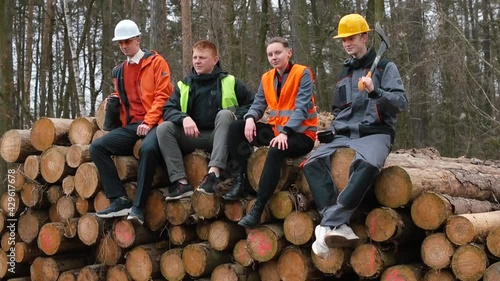 A group of workers are sitting on the logs of trees. Industry work crisis. logging. They expect a job from a manager. Camera movement. photo