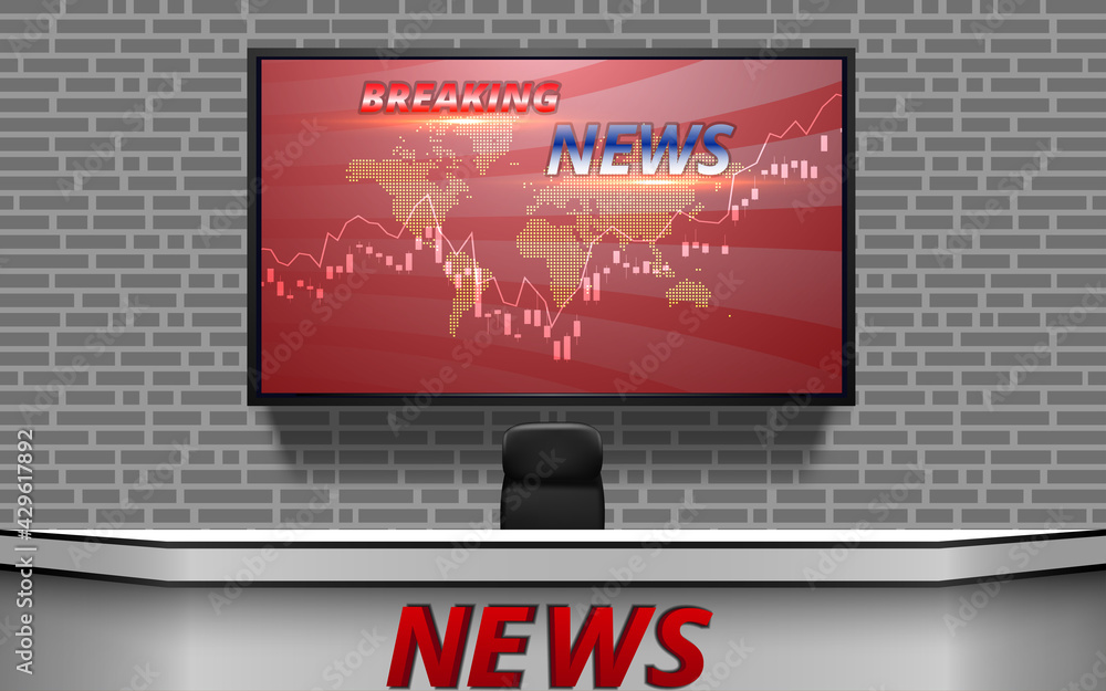 White Table With Breaking News On Led Screen Background In The News Studio Room Stock Vector Adobe Stock