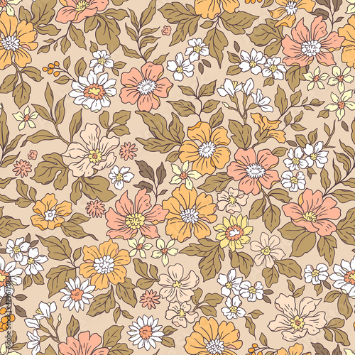 Vintage seamless floral pattern. Liberty style background of small coral pink flowers. Small flowers scattered over a beige background. Stock vector for printing on surfaces. Realistic flowers. 