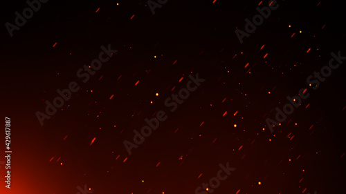 Perfect red fire particles embers sparks on isolated black background . Texture overlays. Explosion burn effect. Stock illustration.