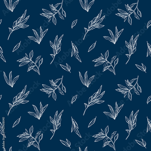 Blue vector floral leaves seamless pattern. Line art. Silhouette leaf hand drawn inks by brush on modern style. Decorative natural ornament for print textile, wrapping paper, fabrics, covers.