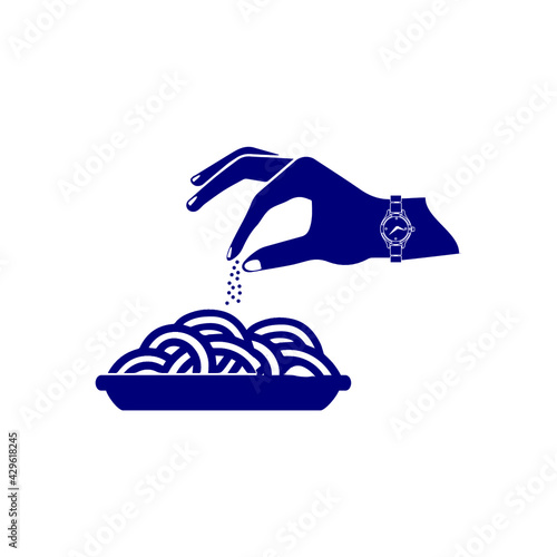 monochrome collection of spoon, salt shaker and pan with hand on white background