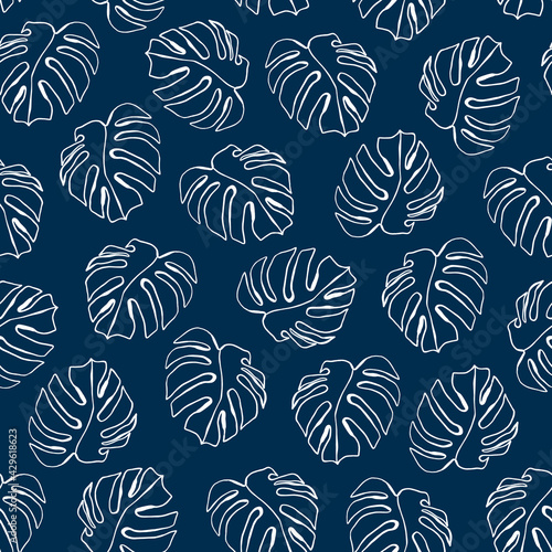 Blue vector floral, Tropical leaves seamless pattern. Silhouettes leaf monstera in hand drawn modern style. Decorative natural ornament. Line art. © Olga.And.Design