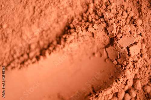 Red terracotta bentonite clay powder. Natural beauty treatment and spa. Clay texture macro, selective focus. Abstract background.