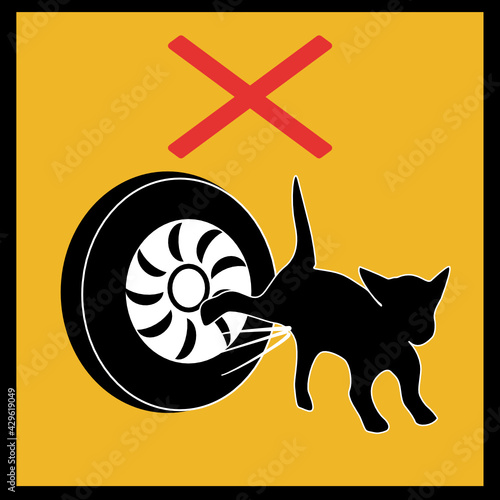 Warning Forbidden Sign no dog peeing on car wheel. Isolate on yellow background .