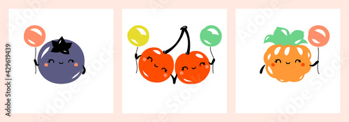 Kawaii characters of blueberry, cherry, cloudberry. Cute happy fruits and berries with multicolored balloons. Vector illustration for greeting card, fabrics prints or poster