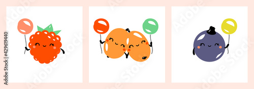 Kawaii characters of raspberry, sea buckthorn and blackcurrant. Cute happy berries with multicolored balloons. Vector illustration for greeting card, fabrics prints or poster