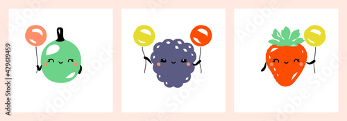 Kawaii characters of gooseberry, blackberry and strawberry. Cute happy fruits with multicolored balloons. Vector illustration for greeting card, fabrics prints or poster