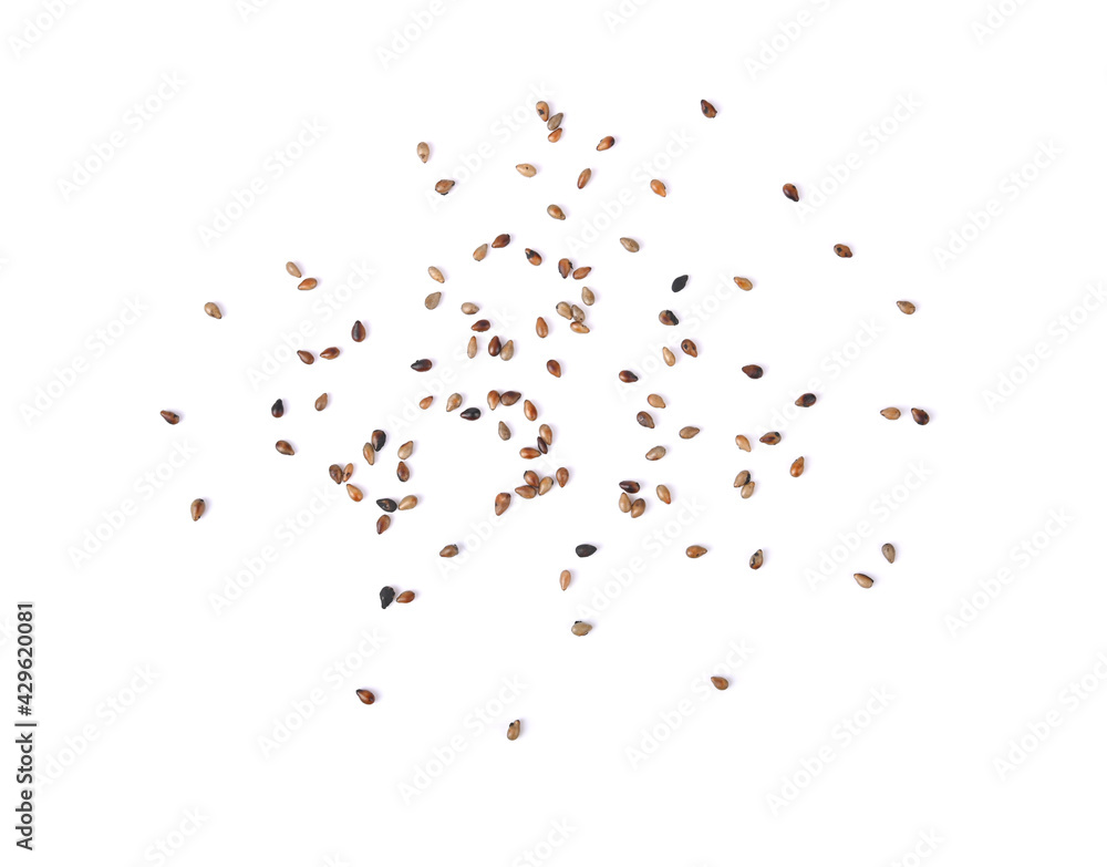 Obraz premium Black sesame seeds isolated on white background. Top view
