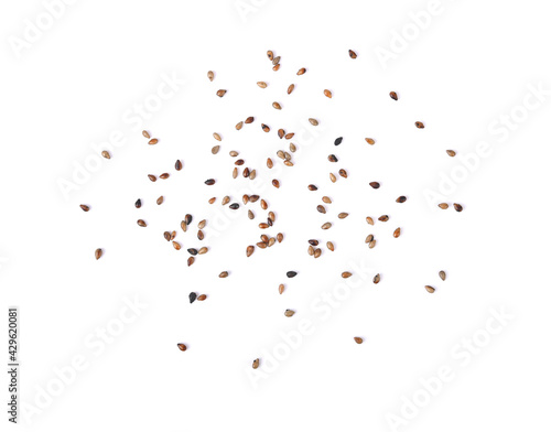Black sesame seeds isolated on white background. Top view