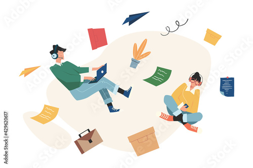 People in zero gravity at work, business and document management, thinking and brainstorming