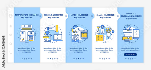 Electronic waste groups onboarding vector template. Responsive mobile website with icons. Web page walkthrough 5 step screens. Temperature exchange equipment color concept with linear illustrations