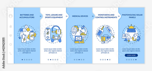 Electronic waste groups onboarding vector template. Responsive mobile website with icons. Web page walkthrough 5 step screens. Batteries, solar panels color concept with linear illustrations