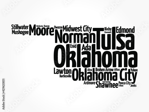 List of cities in Oklahoma USA state, map silhouette word cloud map concept background photo