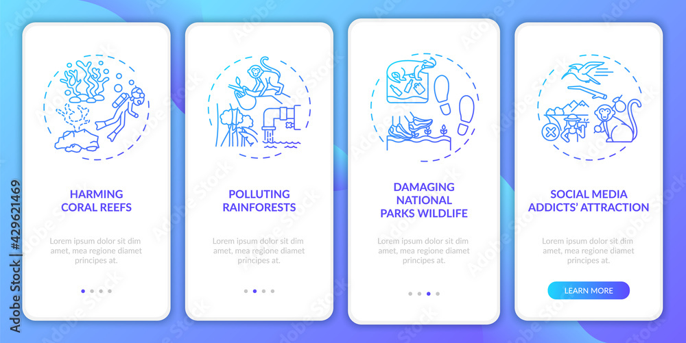 Green tourism challenges onboarding mobile app page screen with concepts. Damaging national parks walkthrough 4 steps graphic instructions. UI, UX, GUI vector template with linear color illustrations Green tourism challenges onboarding mobile app page screen with concepts. Damaging national parks walkthrough 4 steps graphic instructions. UI, UX, GUI vector template with linear color illustrations