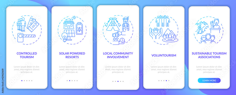 Best sustainable tourism practices onboarding mobile app page screen with concepts. Community walkthrough 5 steps graphic instructions. UI, UX, GUI vector template with linear color illustrations