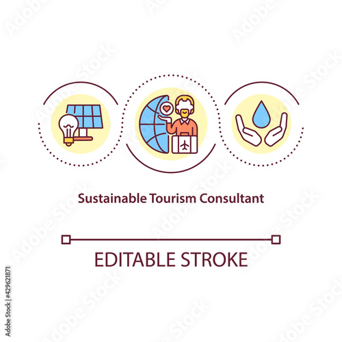 Sustainable tourism consultant concept icon. Provide travel information for tourists before attending tour idea thin line illustration. Vector isolated outline RGB color drawing. Editable stroke