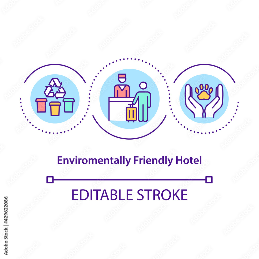 Environmentally friendly hotel concept icon. Environmentally sustainable hotel that has made improvement idea thin line illustration. Vector isolated outline RGB color drawing. Editable stroke