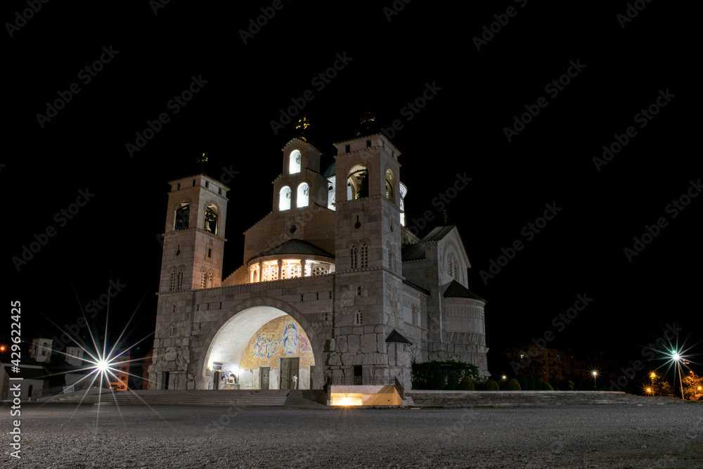 Night photo of the beautiful cathedral, Location: Montenegro, Podgorica, Cathedral of the Resurrection of Christ.