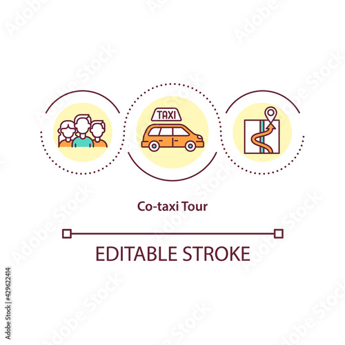 Co taxi tour concept icon. Using taxi for large amount of people. Environment friendly transport usage idea thin line illustration. Vector isolated outline RGB color drawing. Editable stroke