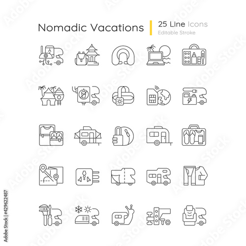 Nomadic vacations linear icons set. Roadtrip trailer. RV vehicle. Van for tourist lifestyle. Customizable thin line contour symbols. Isolated vector outline illustrations. Editable stroke