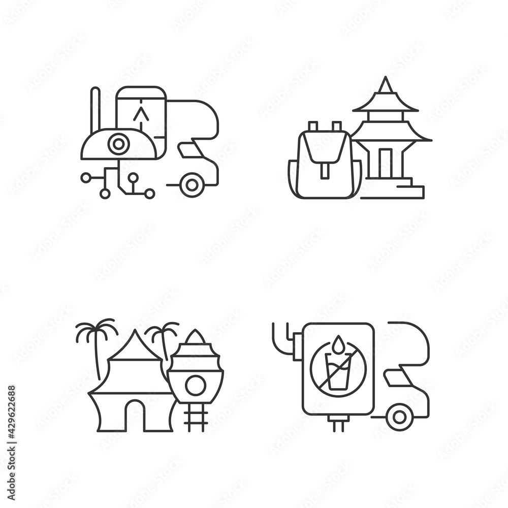 Naklejka premium Vacation linear icons set. RV electronics. Trailer device. Spiritual nomad. Resort hotel. Van water tank. Customizable thin line contour symbols. Isolated vector outline illustrations. Editable stroke
