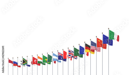 Waving flags countries of members Group of Twenty. Big G20, in Rome, the capital city of Italy, on 30–31 October 2021. 3d Illustration. Isolated on white background.