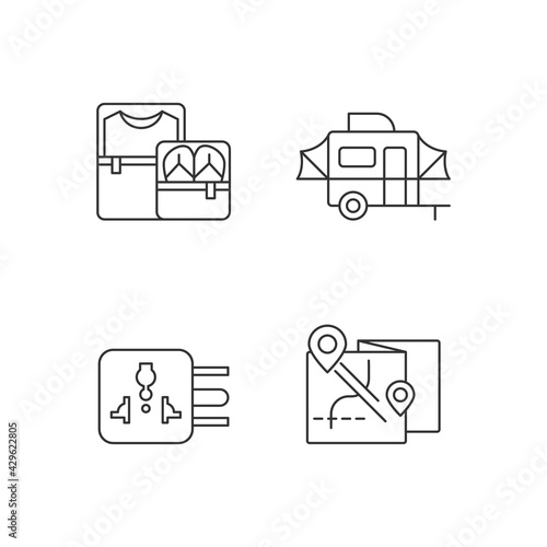 Traveler pack linear icons set. Clothing cubes. Tourist baggage. Map for camper. Universal adapter. Customizable thin line contour symbols. Isolated vector outline illustrations. Editable stroke