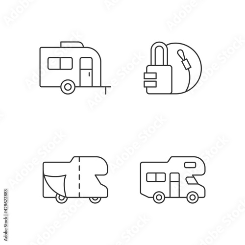 Trailer for van lifestyle linear icons set. Cover sheet for RV. Campground for vans. Travel lock. Customizable thin line contour symbols. Isolated vector outline illustrations. Editable stroke