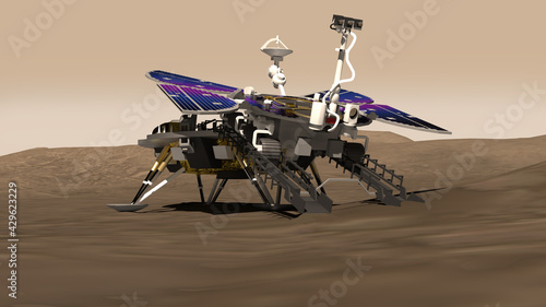 Fototapeta Naklejka Na Ścianę i Meble -  Artist depiction of the first Mars rover mission from China. The lander on the surface of Mars. The rover descending the ramp (3d illustration). Some elements provided by NASA.