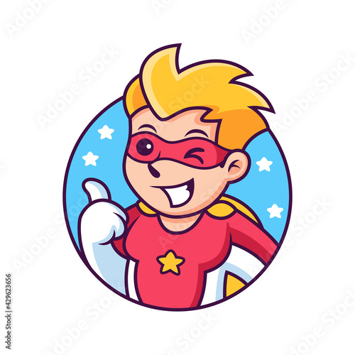 Superhero with Thumb Up Pose Cartoon. Vector Icon Illustration, Isolated on Premium Vector