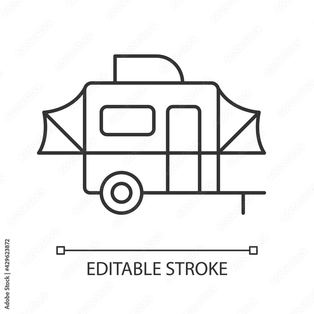 Pop up camper linear icon. Campground for tourist. Recreational vehicle. Nomadic lifestyle. Thin line customizable illustration. Contour symbol. Vector isolated outline drawing. Editable stroke Pop up camper linear icon. Campground for tourist. Recreational vehicle. Nomadic lifestyle. Thin line customizable illustration. Contour symbol. Vector isolated outline drawing. Editable stroke