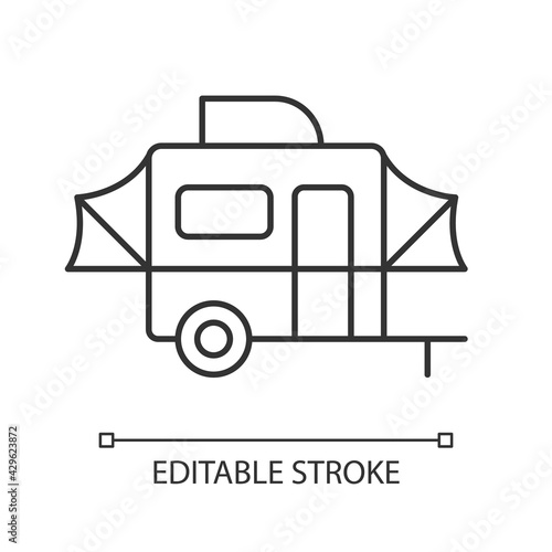Pop up camper linear icon. Campground for tourist. Recreational vehicle. Nomadic lifestyle. Thin line customizable illustration. Contour symbol. Vector isolated outline drawing. Editable stroke
