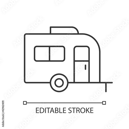 Caravan linear icon. Trailer for nomads lifestyle. Roadtrip transportation. Camping for traveler. Thin line customizable illustration. Contour symbol. Vector isolated outline drawing. Editable stroke