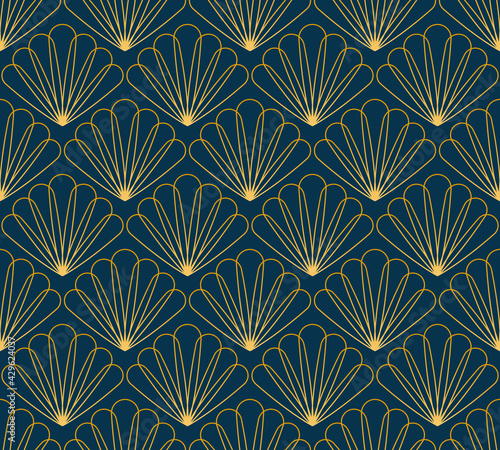 Art Deco Elegant Floral Seamless Pattern With Golden Floral Motifs On Dark Blue Background. Vintage Geometrical Floral Repeat Vector Pattern.