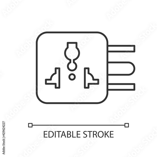 Travel adapter linear icon. International universal plug. Global outlet. Electricity supply. Thin line customizable illustration. Contour symbol. Vector isolated outline drawing. Editable stroke