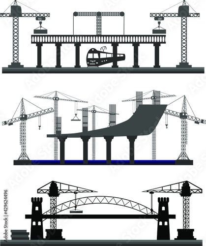 Under construction Building work process with construction machines. Vector illustration