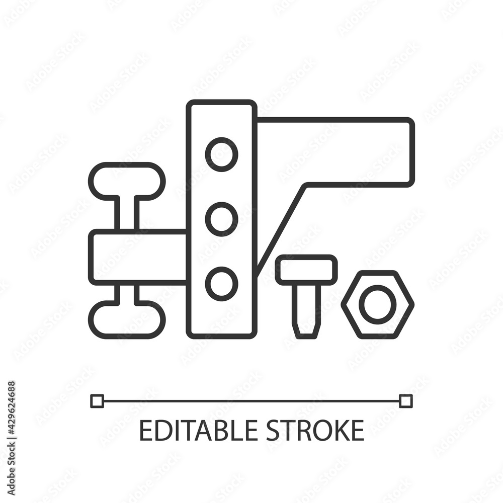 Trailer towing equipment linear icon. Van mechanism. Car transmission. Roadtrip gear. Thin line customizable illustration. Contour symbol. Vector isolated outline drawing. Editable stroke Trailer towing equipment linear icon. Van mechanism. Car transmission. Roadtrip gear. Thin line customizable illustration. Contour symbol. Vector isolated outline drawing. Editable stroke