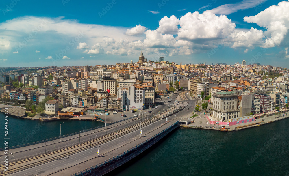 Aerial Panoramic view of Galata Tower district in Istanbul Turkey