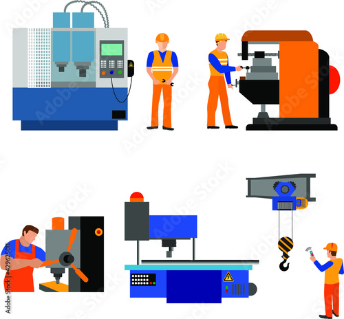 The process of working people for metal-cutting machines.Linear Flat industrial manufacture conveyor machine vector illustration.