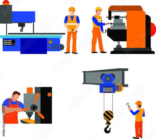 The process of working people for metal-cutting machines.Linear Flat industrial manufacture conveyor machine vector illustration.