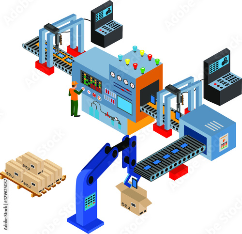 Robotic production line. Manufacturing and machine, automation and robotic and industry. Vector illustration